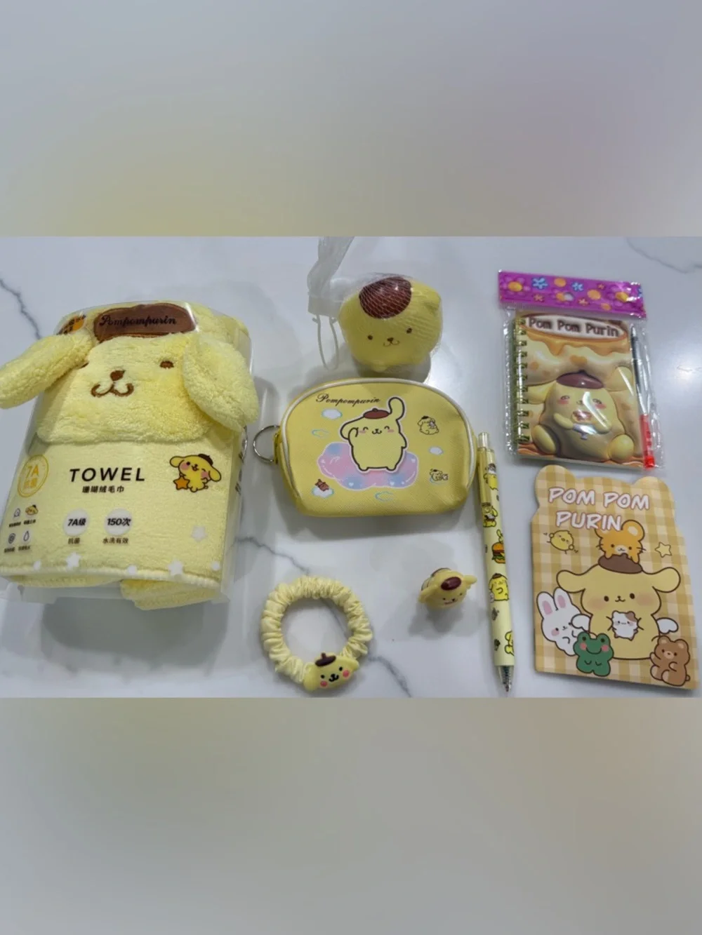 Pompompurin Sanrio towel notebook hair squishy bundle Gift Set. Bundle for her.
